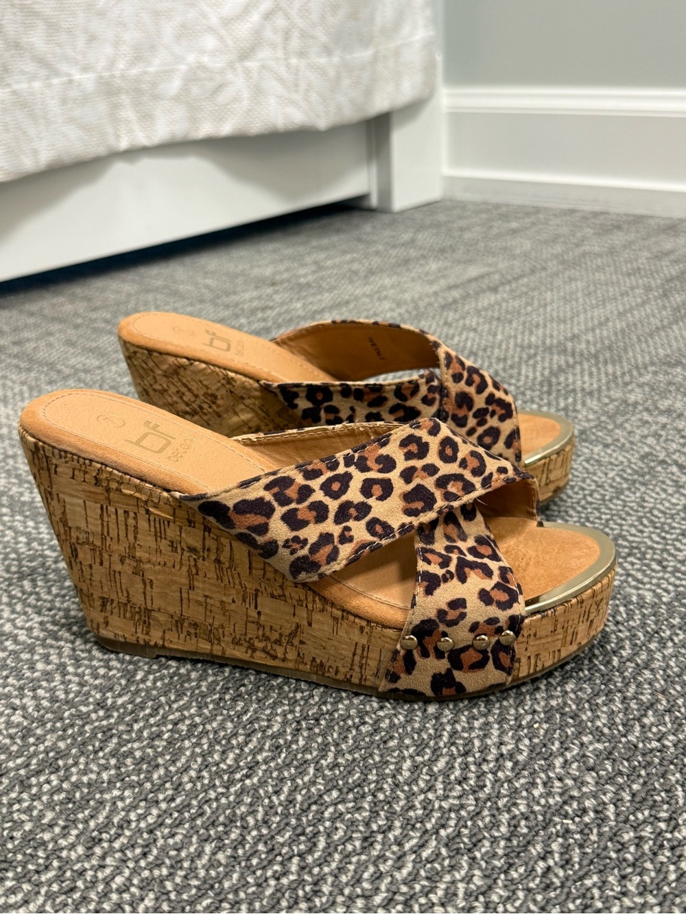 Leopard Print Cork Wedge Sandals - Women